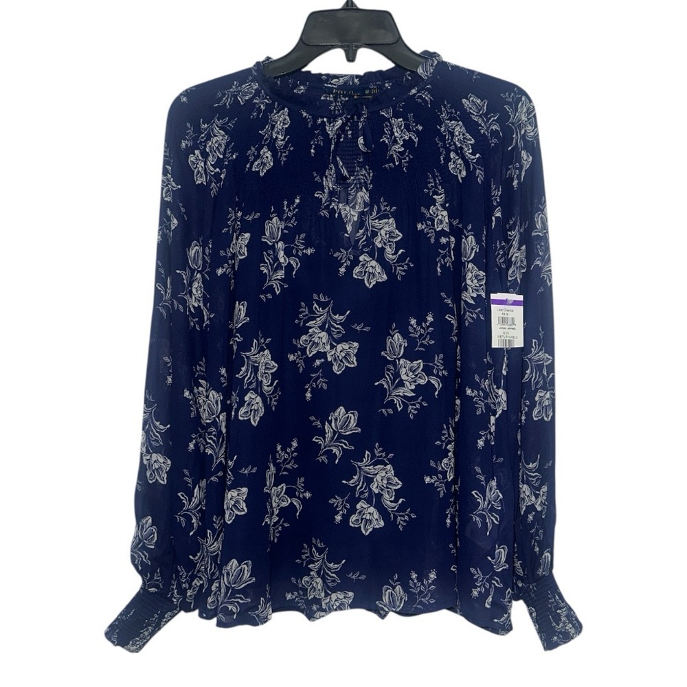 Polo Ralph Lauren Floral Tie Neck Blouse Size XS Blue Long Sleeve Sheer NWT